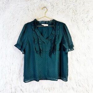 Loft emerald green clips dot ruffle trim blouse